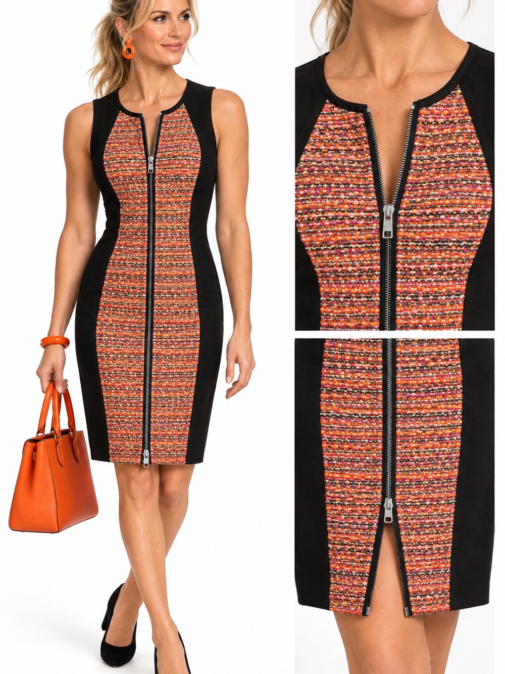 RACHEL Rachel Roy black, sleeveless sheath day dress, Sz 2, multi colour tweed